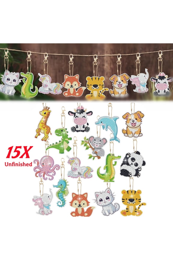 15 Pcs Diamonds Art, Animals Art Painting Keychains Kits by Numbers Creat Your Own Gem DIY Diamond Art Hanging Key Rings for Boys Girls Adult Beginners Craft Oranments Party Gifts