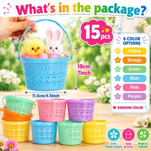 15 Pcs Easter Buckets Set, Multicolor Plastic Easter Baskets with Flower Cutout Design, Reusable Candy Containers for Easter Party Decorations, Egg Hunt Supplies and Spring Celebrations
