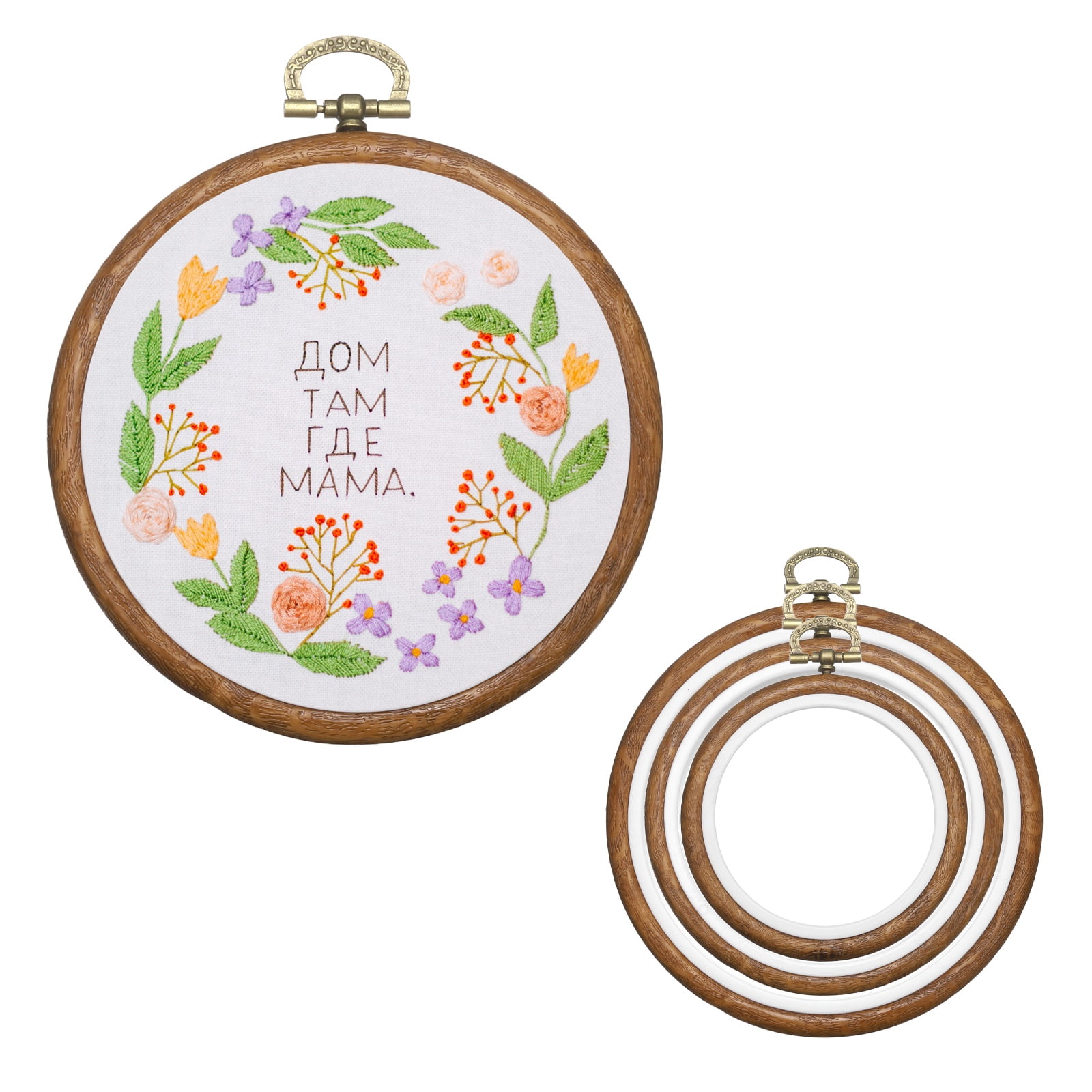 15 Pcs Embroidery Hoop Frame, Imitated Wood Round Cross Stitch Hoops with Metal Ring for Embroidery DIY Craft Sewing Wall Decor (5.12/3.94/3.15 Inch White & Brown)