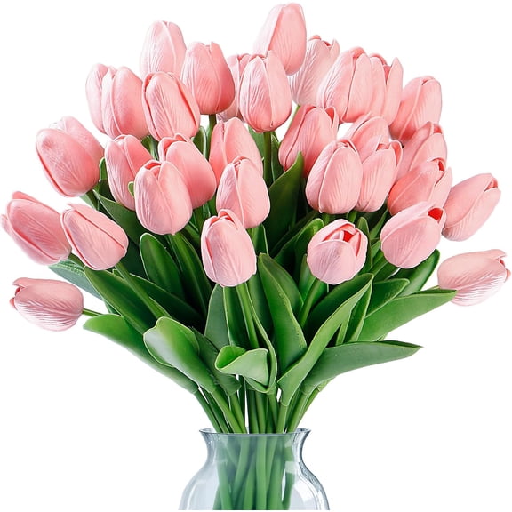 15 Pcs Fake Tulips Artificial Flowers Real Touch PU Faux Flowers Tulip Stems for Wedding Spring Bouquet Floral Arrangement Home Party Office Decorations for Mother's Day (Milk Pink)