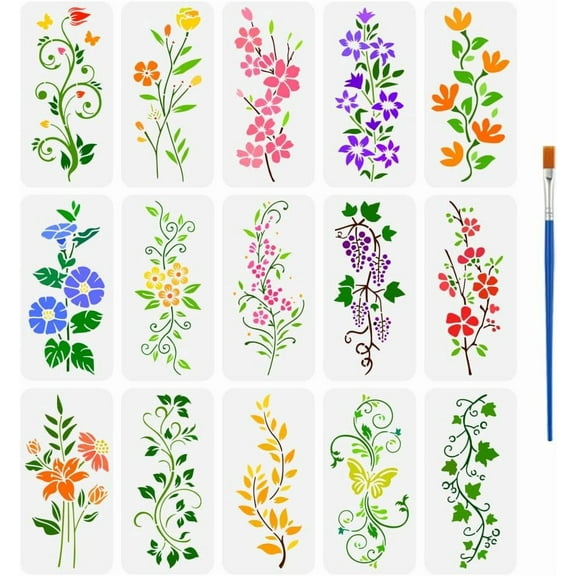 15 Pcs Flowers Vines Borders Stencils 15 Styles Borders Stencils with Paint Brush 11.8x5.9Inch Leaves Border Stencil Grapes Border Stencil Plant Themes Borders Template for Home Decor colorful