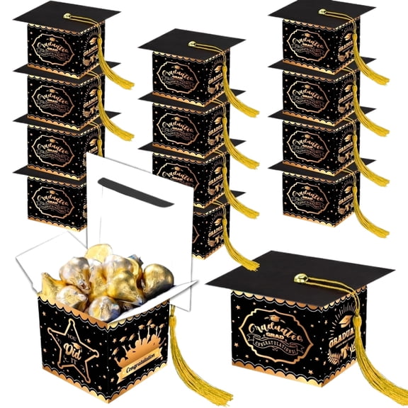 15 Pcs Graduation Cap Candy Boxes 2026, Graduation Party Favors Gift Boxes with Tassel, Black Gold Grad Cap Treat Boxes for Candy Chocolate Biscuit Graduation Decorations Supplies