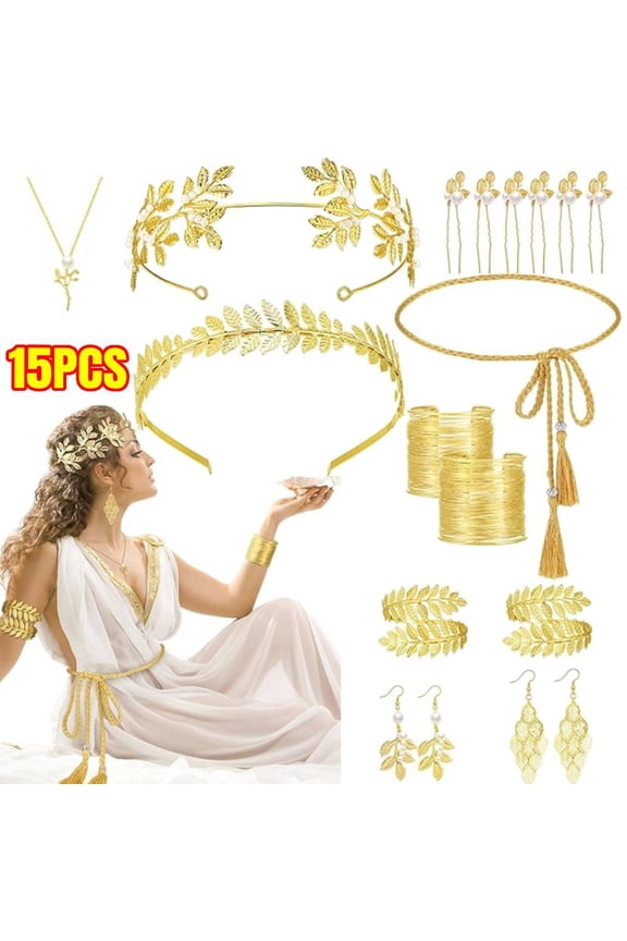 15 Pcs Greek Goddess Accessories Set Golden Laurel Leaf Crown Upper Arm Cuff Coil Bracelet Hair Headpiece Drop Earrings Necklace Waist Belt for Women