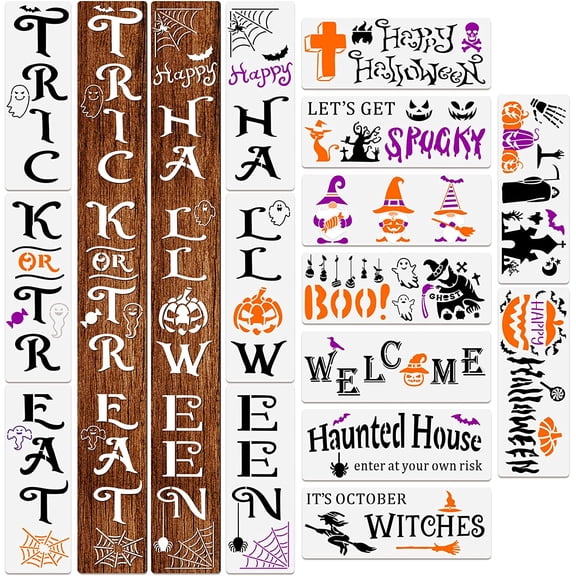 15 Pcs Halloween Stencils Reusable, Pumpkin Ghost Porch Templates | For Wood Signs Walls Doors Windows, Haunted House Boo Welcome Spider Web Designs, Crafts Ornaments Holiday Decor