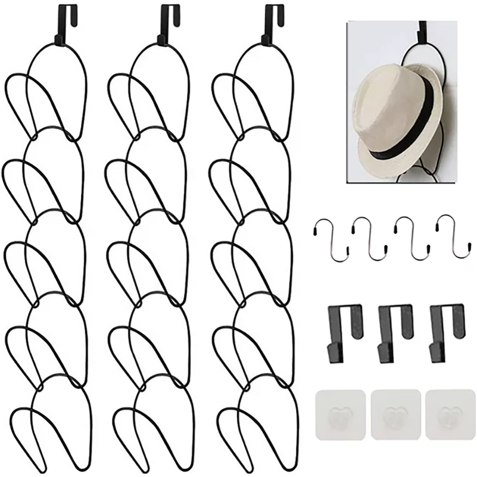 15 Pcs Hat Rack, Closet Hanging Hat Organizer, Hangs on Door with Black