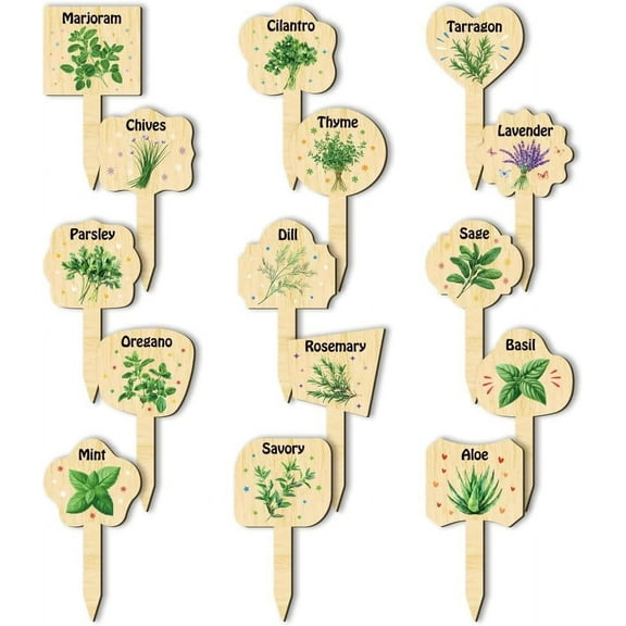 15 Pcs Herb Theme Shaped Wooden Plant Tags Various Irregular Shape Waterproof Garden Stake Plant Marker for Indoor Outdoor Potted Nursery Marker Decoration Accessories