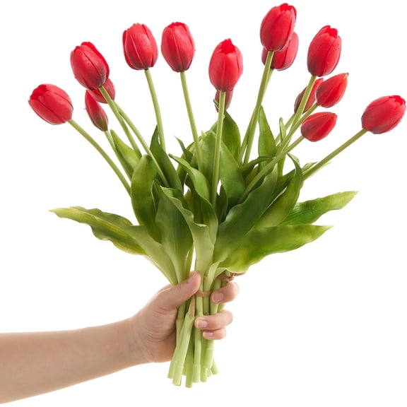 15 Pcs Hot Red Tulips Artificial Flowers Faux Tulips Real Touch Latex Fake Flower Bouquet for Spring Wedding Home Décor Centerpiece Arrangements