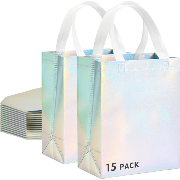 15 Pcs Iridescent Glossy Gift Bags Medium Size, 8x4x10 Inch Holographic Reusable Gift Bags with Handles & Sturdy Base, Ideal for Birthday, Wedding, Bachelorette, Party Favors, Holiday Goodie
