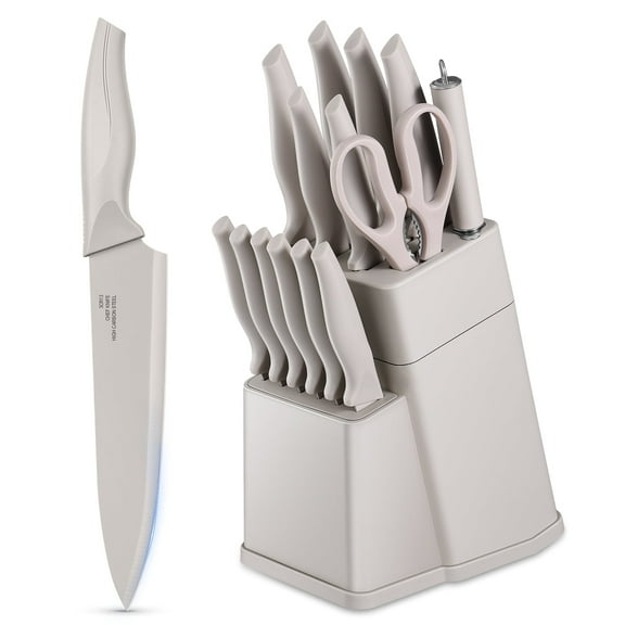 Walchoice 15 Pieces Knife Set with Block, High Carbon Stainless Steel Kitchen Knife Set with Sharpener, Rust Resistant & Dishwasher Safe - Khaki