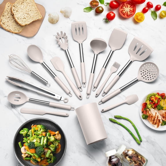 15 Pcs Kitchen Cooking Utensils Set with Holder, 3 QT Enameled Cast Iron Dutch Oven, Silicone Tools Stainless Steel Handle Nonstick Cookware for Baking