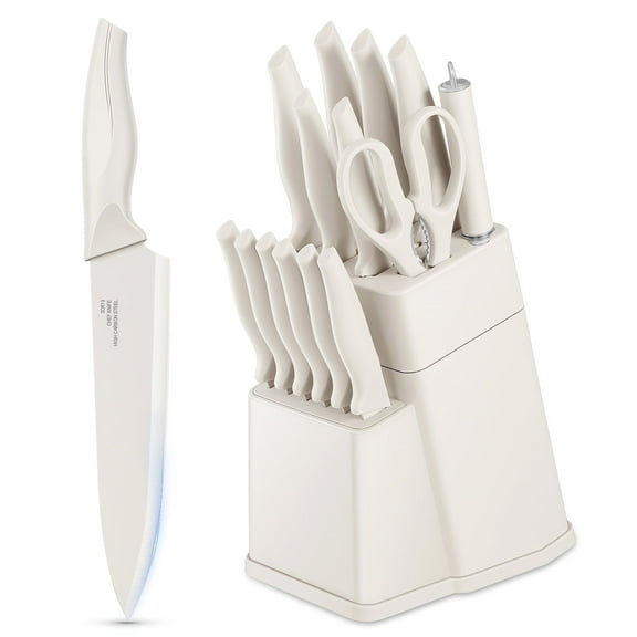 Walchoice 15 Pieces Knife Set with Block, High Carbon Stainless Steel Kitchen Knife Set with Sharpener, Rust Resistant & Dishwasher Safe - White