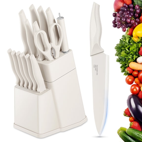 Walchoice 15 Pieces Knife Set with Block, High Carbon Stainless Steel Kitchen Knife Set with Sharpener, Rust Resistant & Dishwasher Safe - White