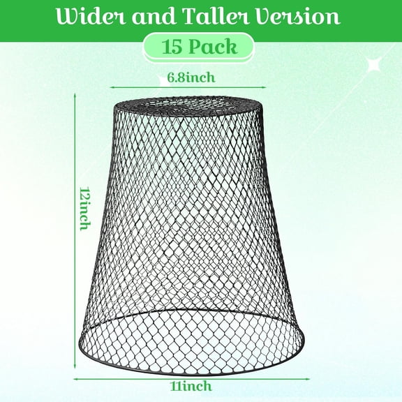 15 Pcs Large Chicken Wire Cloche Plant Protector Cover 11x12 Inch Metal Garden Cloche Dome for Plants Wire Protection Basket with Garden Stakes Plant Cages from Animals (Black)