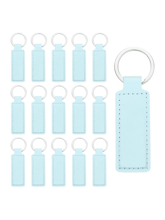 15 Pcs Leather Keychain Blanks Bulk Rectangle Laser Engraving Keychain Leather Key Fob Kit with Key Rings for DIY Supplies Gifts (Water Blue, 3.7"x1.2")