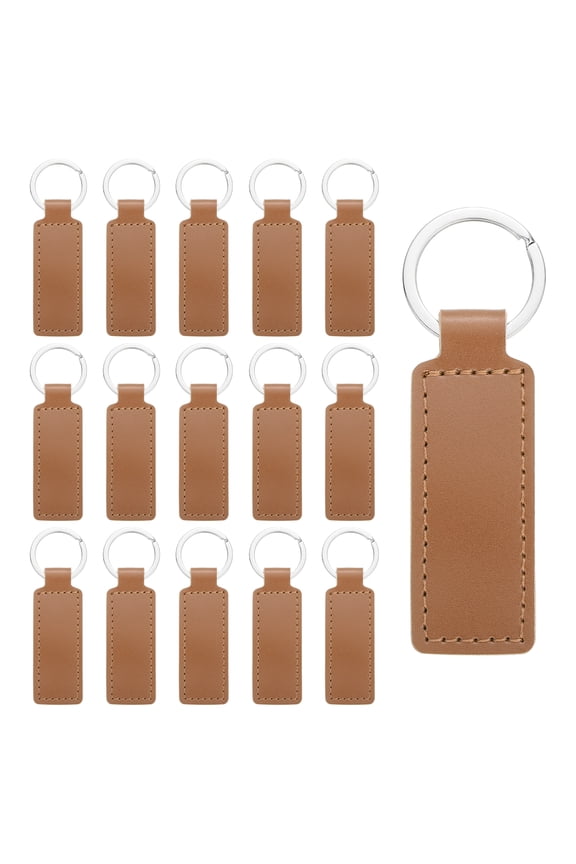 15 Pcs Leather Keychain Blanks Bulk Rectangle Laser Engraving Keychain Leather Key Fob Kit with Key Rings for DIY Supplies Gifts (Brown, 3.7"x1.2")