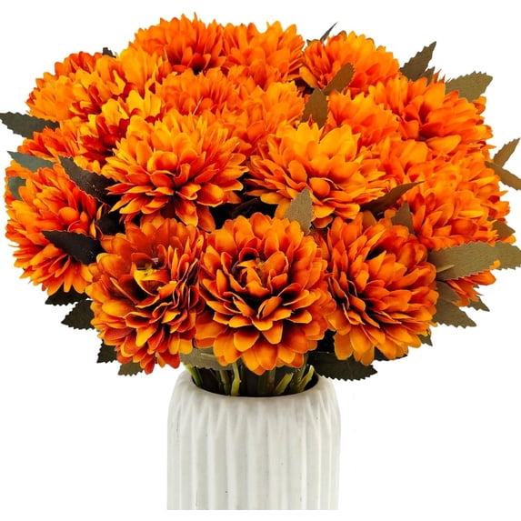 15 Pcs Mums Artificial Flowers Fake Mums Silk Fall Flowers Chrysanthemums Ball That Look Real for Indoor Autumn Home Decor Table Centerpieces Floral Arrangement (Orange)