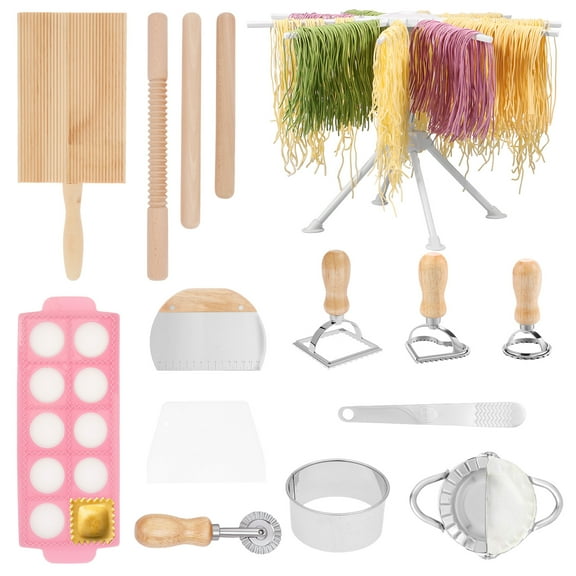 15 Pcs Pasta Making Tool Set Include 1 Pasta Drying Rack 1 Gnocchi Board 2 Dough Scraper 4 Ravioli Maker Cutter 2 Dumpling Maker Tool 1 Noodle Cutter 3 Rolling Pin 1 Stuffing Spoon