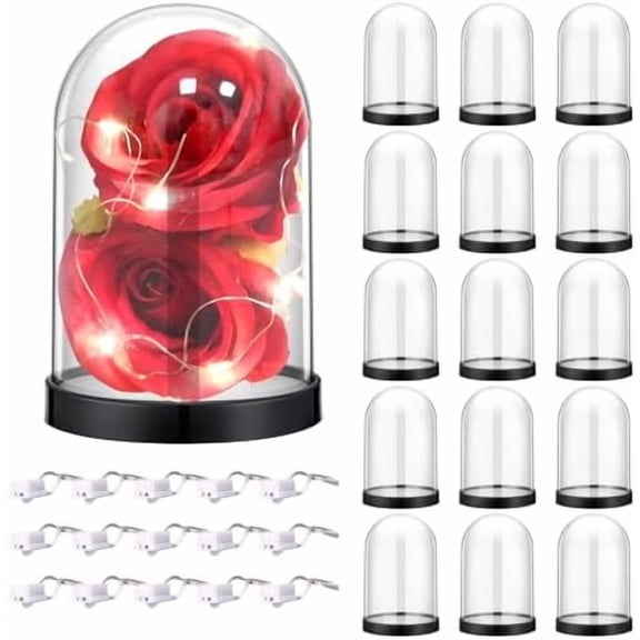 15 Pcs Plastic Dome Display Case with Black Base 5 x 3.3 Inch Clear Cloche Bell Jar with 15 LED Lights for Collectibles, Rose, Office, Home Tabletop Decor$$Home Decor, Kitchen, & Other