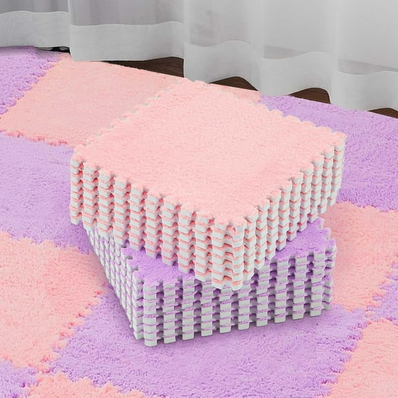 15 Pcs Plush Foam Floor Mat Square Interlocking Carpet Tiles with Border Fluffy Play Mat Floor Tiles Soft Climbing Area Rugs for Home Playroom, 12 x 12 x 0.4 Inch(Pink, Purple)
