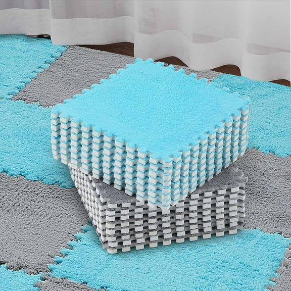 15 Pcs Plush Foam Floor Mat Square Interlocking Carpet Tiles with Border Fluffy Play Mat Floor Tiles Soft Climbing Area Rugs for Home Playroom, 12 x 12 x 0.4 Inch(Gray, Blue)