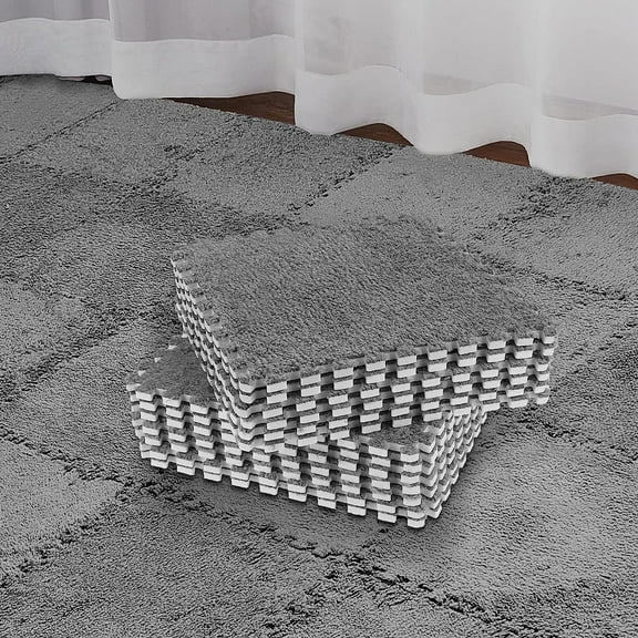 15 Pcs Plush Foam Floor Mat Square Interlocking Carpet Tiles with Border Fluffy Play Mat Floor Tiles Soft Climbing Area Rugs for Home Playroom, 12 x 12 x 0.4 Inch(Gray)