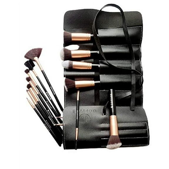 15 Pcs Professional Makeup Brushes With Genuine Leather Porch -Black-Rose Gold