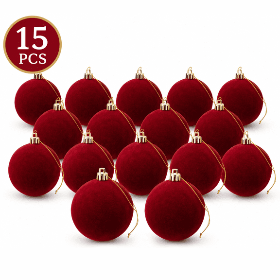 Christmas Ball Ornaments, Red Flocked Hanging Decorations, 15 Pack 3.15 Inch, for Christmas Trees and Holiday Parties
