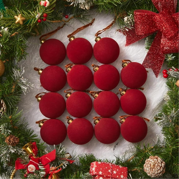 15 Pcs Red Velvet Christmas Balls,Christma Tree Flocked Ornaments Balls for Family Holiday Wedding Party Xmas Hanging Decoration