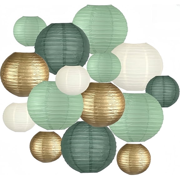 15 Pcs Sage Green Paper Lanterns, 6/8/10 Inch Decorative Hanging Lanterns with Gold & Cream, for Wedding, Birthday, Baby Shower & Party Decor