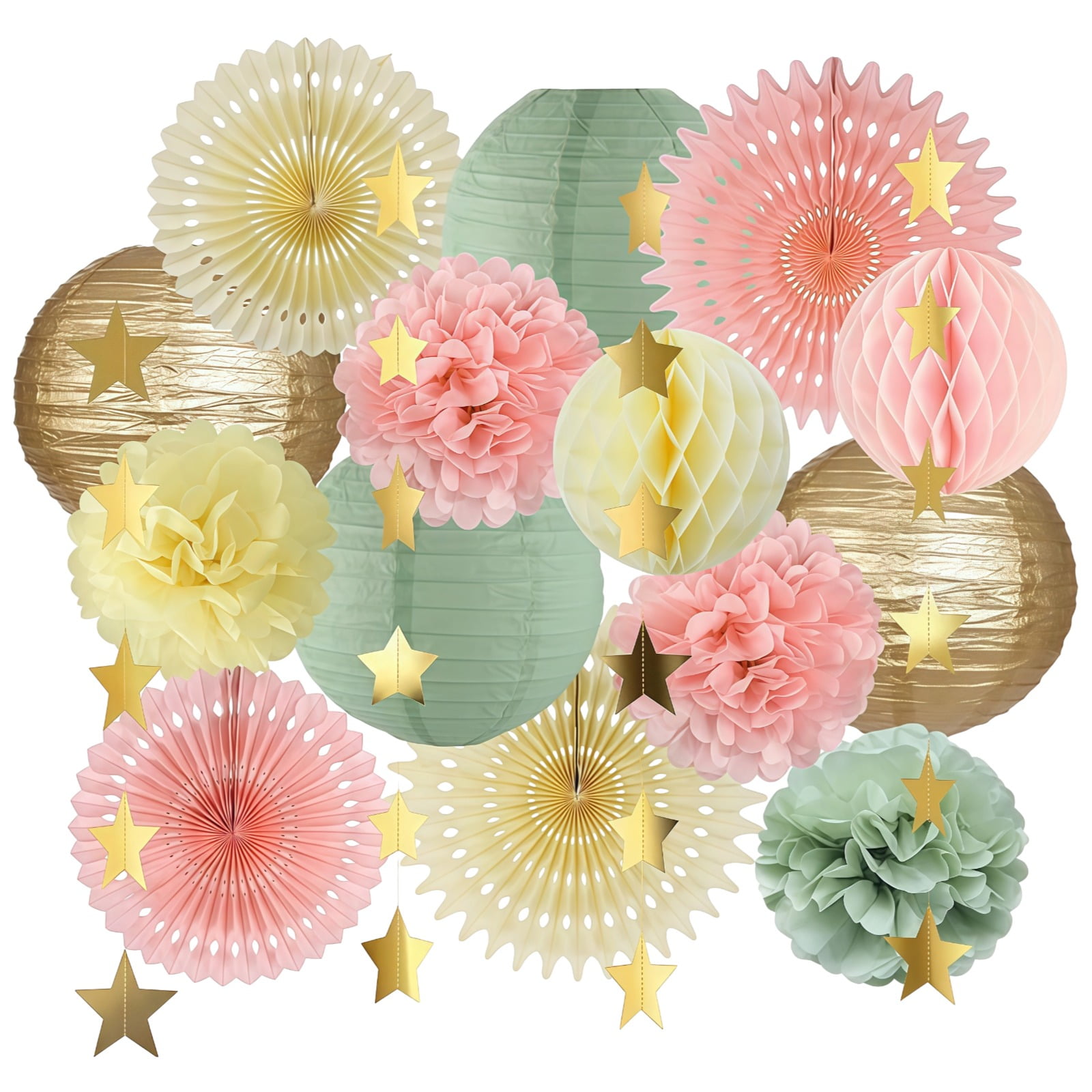 15 Pcs Sage Green Party Decorations for Wedding, Fairy Birthday, Assorted Paper Lanterns, Paper Fans, Honeycomb Balls, Gold Star Garland Set