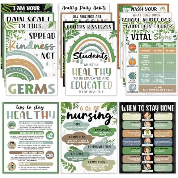15 Pcs School Nurse Poster Classroom Decorations Greenery Health Bulletin Board School Supplies for Kids Green Leaf Health Wall Decals Decor for Nurse Office Classroom Supplies 11 x 14 Inches Green