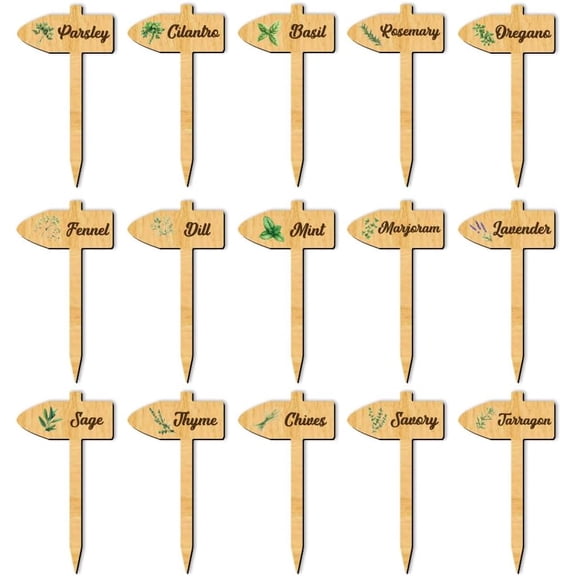 15 Pcs Signpost Wooden Plant Tags Herb Theme Arrow Shape Waterproof Reusable Garden Plant Stake Tag Kits