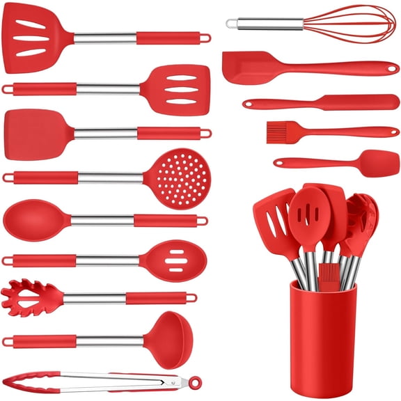 15 Pcs Silicone Cooking Utensils Set, Red Kitchen Utensils Spatula Set with Holder, Large Kitchen Gadgets Tools for Nonstick Cookware