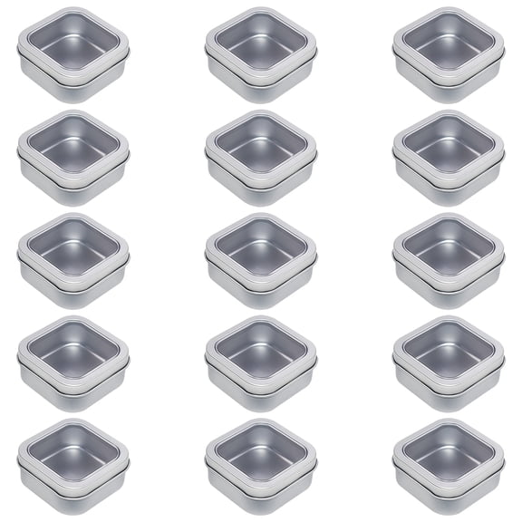 15 Pcs of Silver Square Metal Tins with Window, Food-Safe Storage Containers, Great for Candle Making, DIY Projects, Small Item Storage, Leak-Proof, Easy Open Lid
