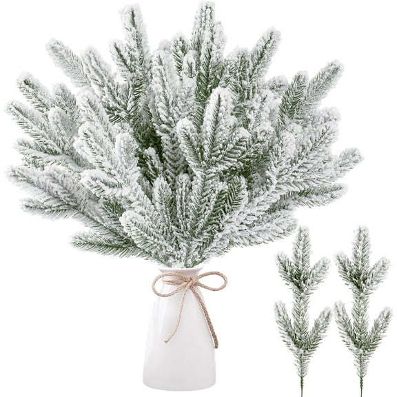 15 Pcs Snow Frosted Artificial Pine Branches, Christmas Snowy Pine Needles, Fake Greenery Pine Spray Picks, for DIY Crafts Garland Wreath Xmas Embellishing Home Holiday Decoration