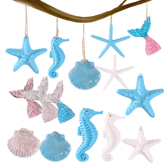 15 Pcs Summer Ornaments Ocean Beach Tree Decorations Coastal Nautical Summer Hanging Ornaments for Small Tree Resin Starfish Seashell Seahorse with Rope for DIY Craft Home Party Holiday