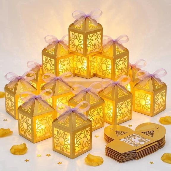 Atopoler Sun Lantern Centerpieces,Decoration Paper Box with Ribbon Sun Cutout for Birthday Party,Candle Not Included,15 Pcs,Gold Color
