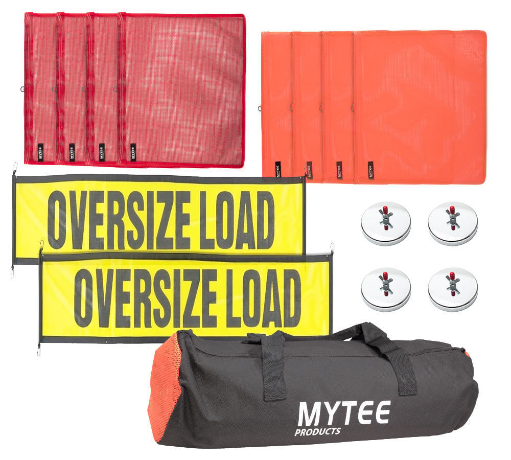 15 Pcs Oversize Load Sign Kit - 2 Mesh Oversized Load Banner, 4Pcs Red & 4 Pcs Orange Mesh Warning Flag w/ Wire Loop, 1 Bag & 4 Magnetic Flag Holder for Construction, Pedestrian Signs