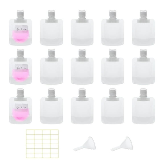 15 Pcs Travel Pouches for Toiletries, 1.7oz/50ml Leak Proof Squeeze Pouches, Refillable Stand Up Pouches with Labels, TSA Approved Travel Containers for Shampoo, Conditioner