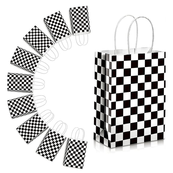 15 Pcs Treat Bags, Race Car Party Favors with Handles Black and White Checkered Flag Candy Goodie Gift Bags for Birthday Party Supplies