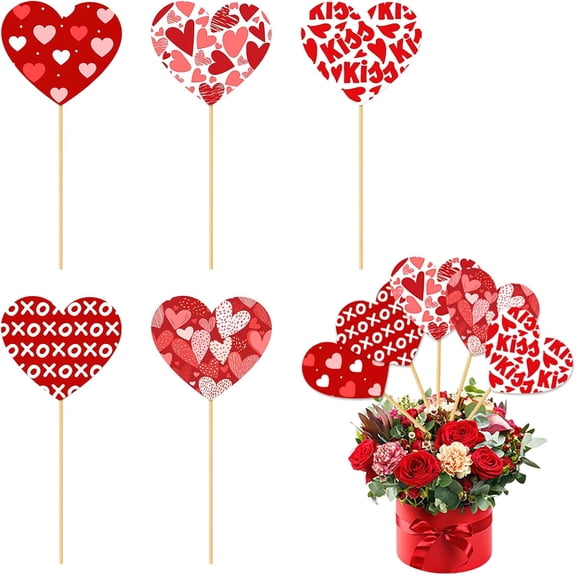 15 Pcs Valentine’s Day Decorative Picks – Cute Red Paper Heart Sticks with Buffalo Plaid Pattern, Romantic Farmhouse Decor, Vase Fillers, Table Centerpiece, Wedding, Party Supplies, Home Decoration