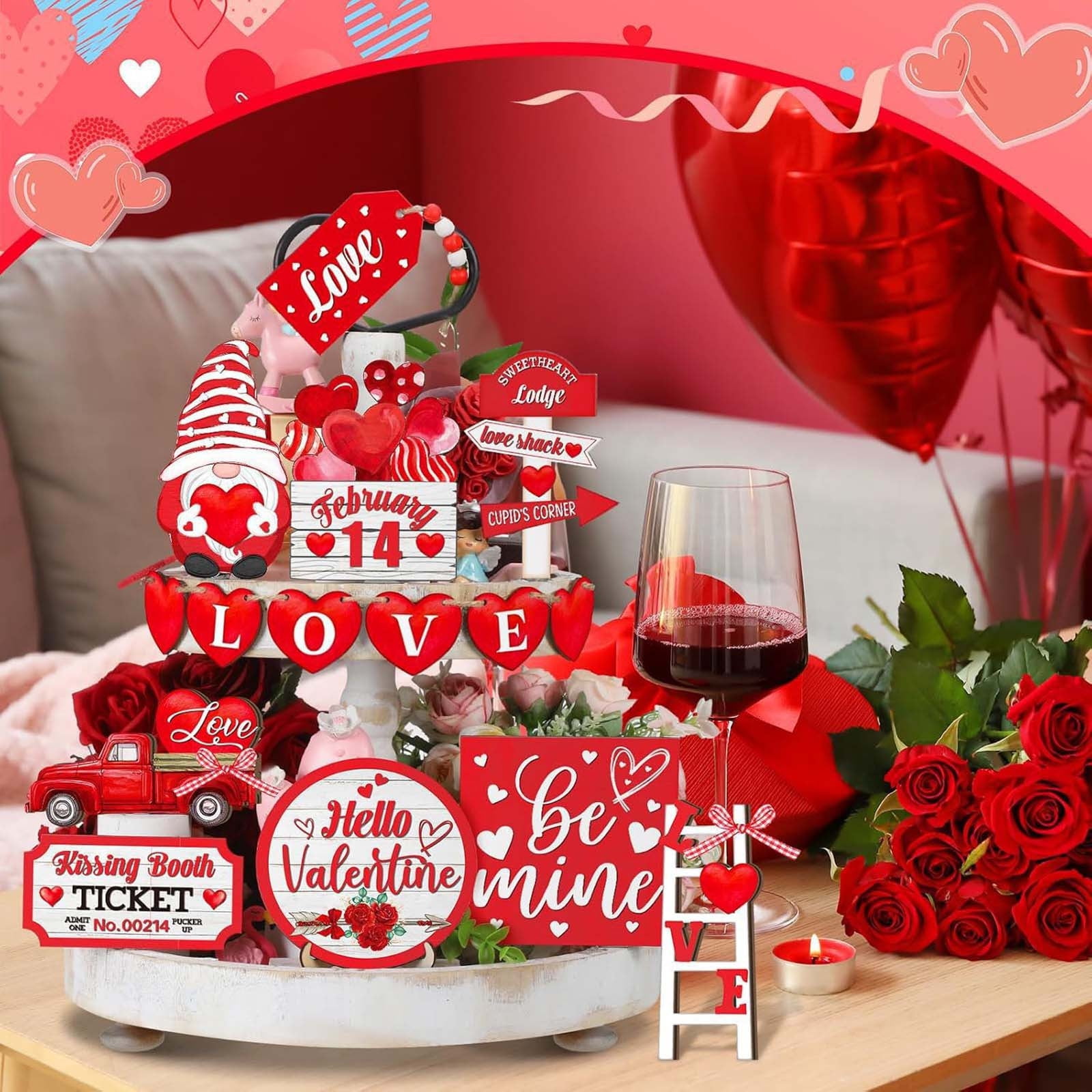 15 Pcs Valentine's Day Tiered Tray Decor Set, Red Heart & Wooden