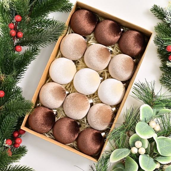 15 Pcs Velvet Christmas Balls,2.4 Inch Large Velvet Christmas Tree Ball Ornaments Set,Shatterproof Plastic Hanging Bulbs for Xmas Tree Home Decorations(Coffee)