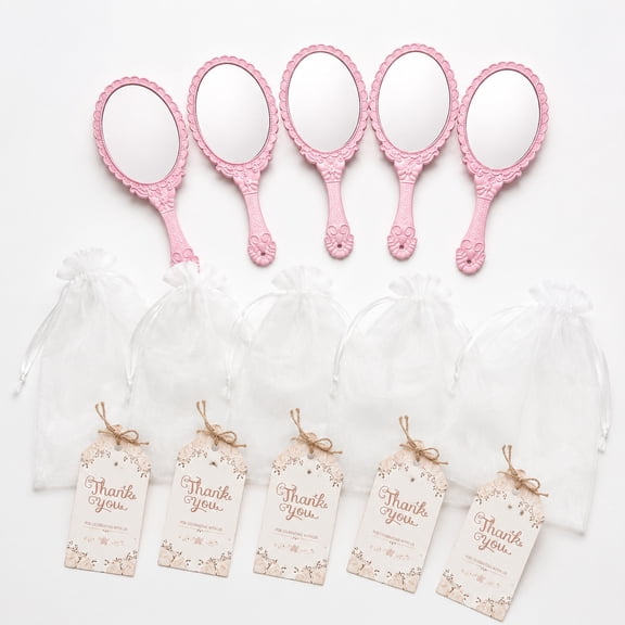 15 Pcs Vintage Hand Mirror Handheld Mirror with Handle Princess Party Favors Birthday Wedding Bridal Shower Rose Gold Metal Floral Embossed Makeup Gift Set with Organza Pouch Travel