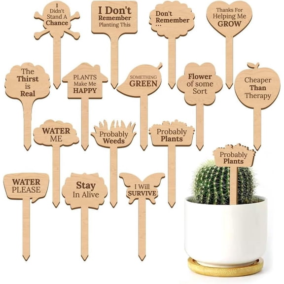 15 Pcs Wood Funny Plant Markers Water Me Probably Weeds Plant Label Joke Punny Garden Stakes Butterfly Leaf Garden Tags for Vegetable Flower Herb Succulent Seed Potted Colorful