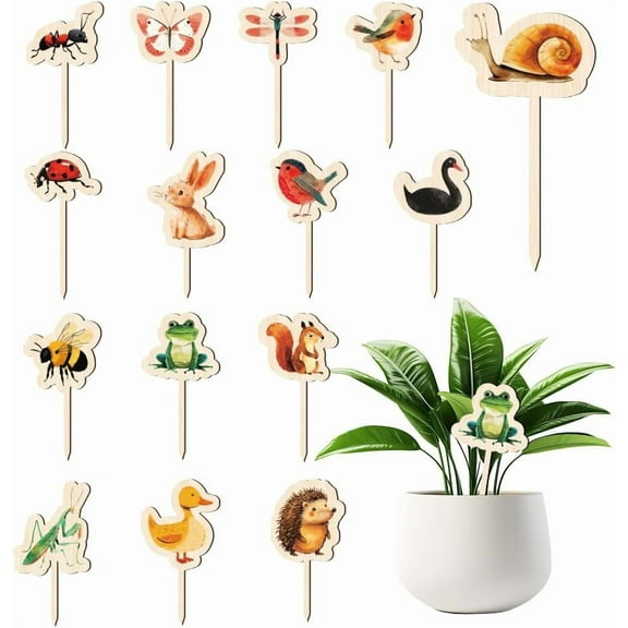 15 Pcs Wood Plant Labels 15 Styles Wooden Animals Insects Garden Markers Various Shapes Plants Tags for Indoor Outdoor Potted Seed Herbs Patio Supplies 12x6.35cm(4.7x2.5inch) 1set