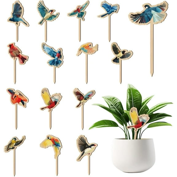 15 Pcs Wood Plant Labels 15 Styles Wooden Bird Garden Signs Plants Tags Stickers