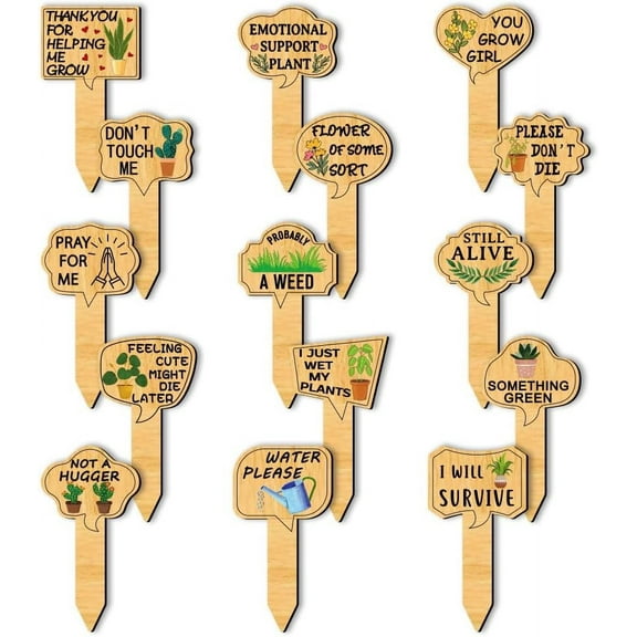 15 Pcs Wooden Funny Garden Labels 15 Styles Assorted Shapes Patterns Words Plants Tags Plant Labels Garden Markers for Vegetables Succulent Flowers Greenery Potted Plants 2.5x4.72"