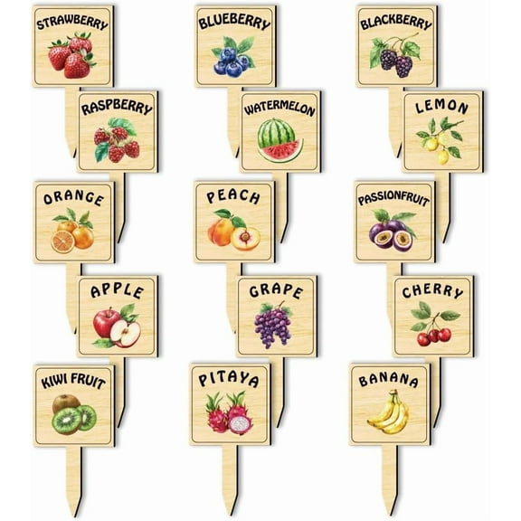 15 Pcs Wooden Plant Labels Fruit Themed Waterproof Garden Stake Labels T-Shaped Plant Marker with Fruit Names