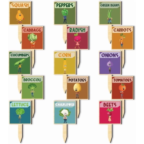 15 Pcs Wooden Plant Tags Vegetable Anthropomorphic Pattern Plant Tags Colorful T-Shaped Plant Markers Bulk for Indoor Outdoor Lab Garden Nursery Potted Plant Markers 1 Set